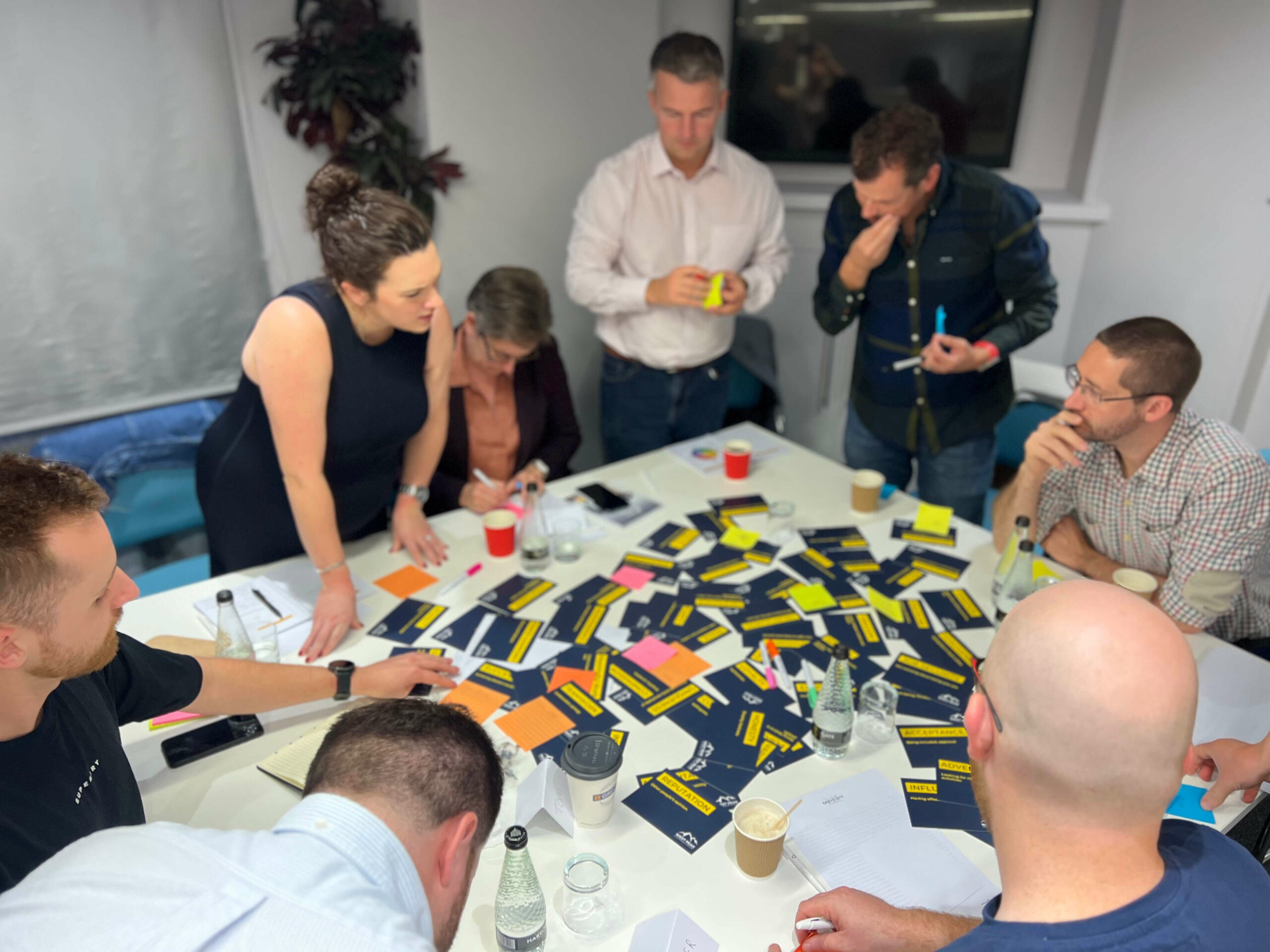 Leadership workshop team around a table running a card sorting exercise